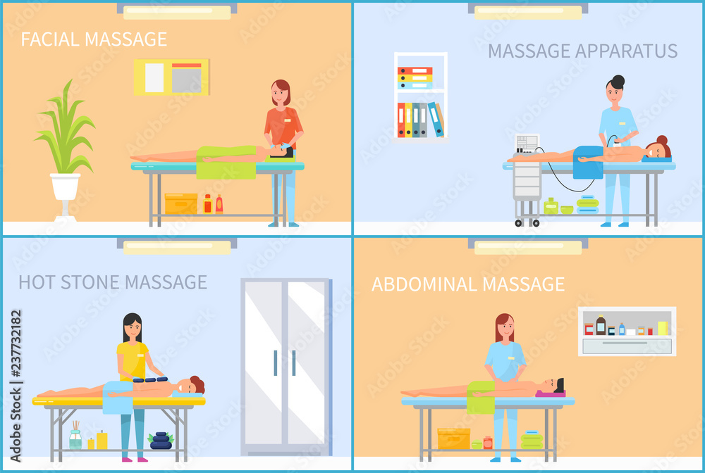 Fototapeta premium Masseuse Massaging Client in Cabinet Cartoon Set