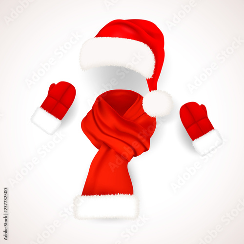 Set of realistic red Santa Claus hat with fluffy fur pompon and long scarf isolated on white background. Vector illustration photo