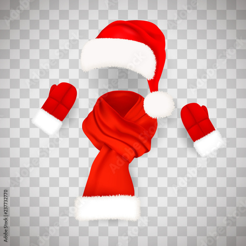 Set of realistic red Santa Claus hat with fluffy fur pompon and long scarf isolated on transparent background. Vector illustration photo
