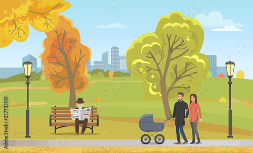 Couple Pram Walking Autumn Park Together Vector