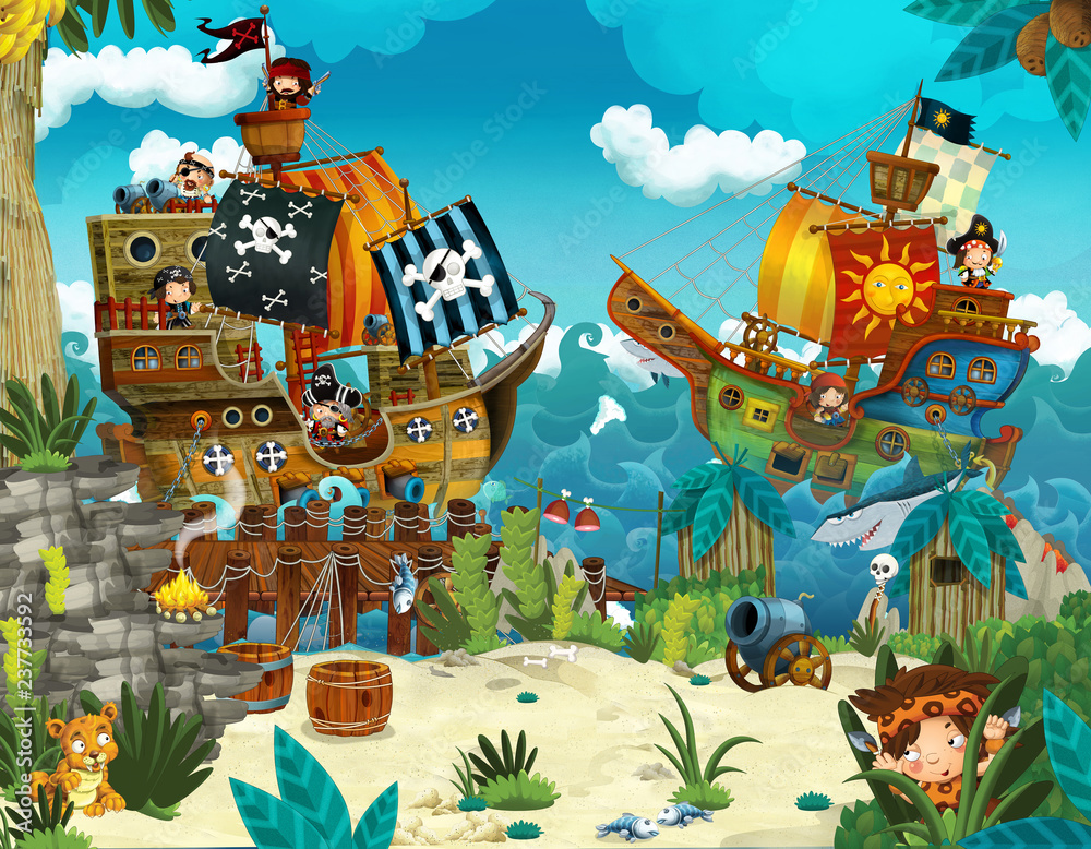 Cartoon illustration - pirates on the wild island - illustration for the children