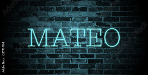 first name Mateo in blue neon on brick wall photo