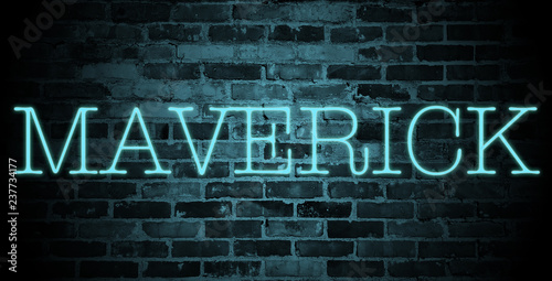 first name Maverick in blue neon on brick wall photo