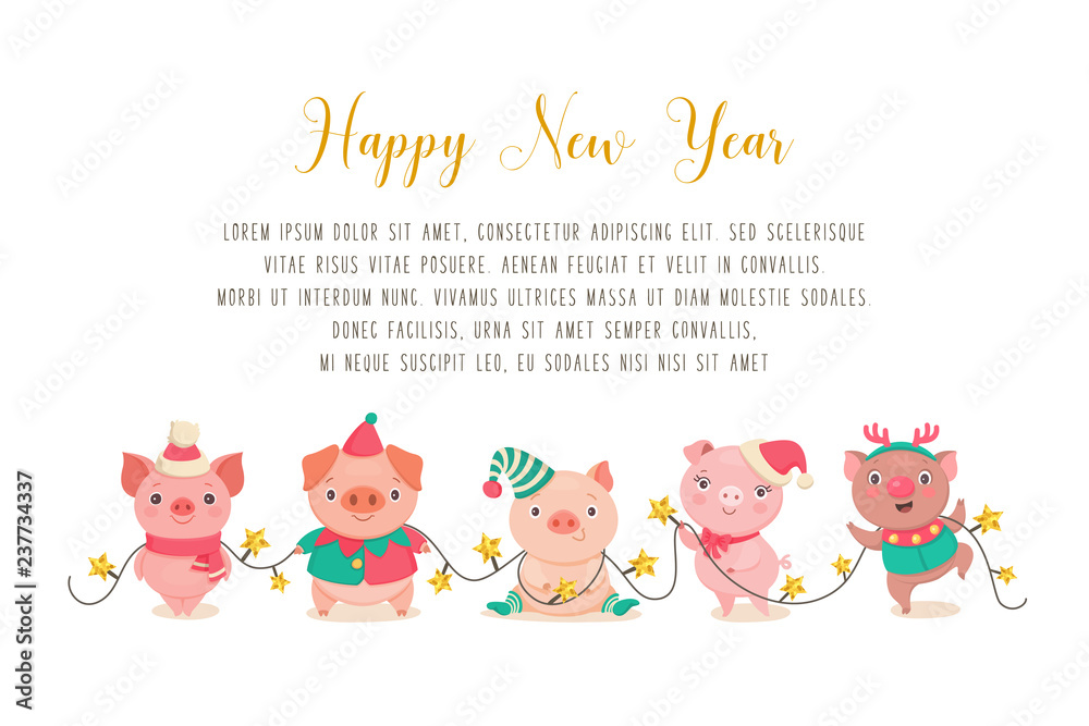 Fototapeta premium Happy New Year background template. Vector illustration of funny cute cartoon piggies in Christmas costumes, holding a garland and place for your text. Isolated on white.