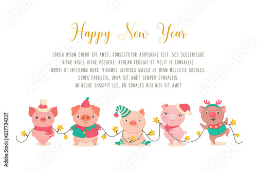 Happy New Year background template. Vector illustration of funny cute cartoon piggies in Christmas costumes, holding a garland and place for your text. Isolated on white.