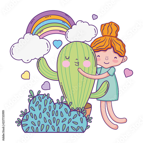 little girl with cactus kawaii character
