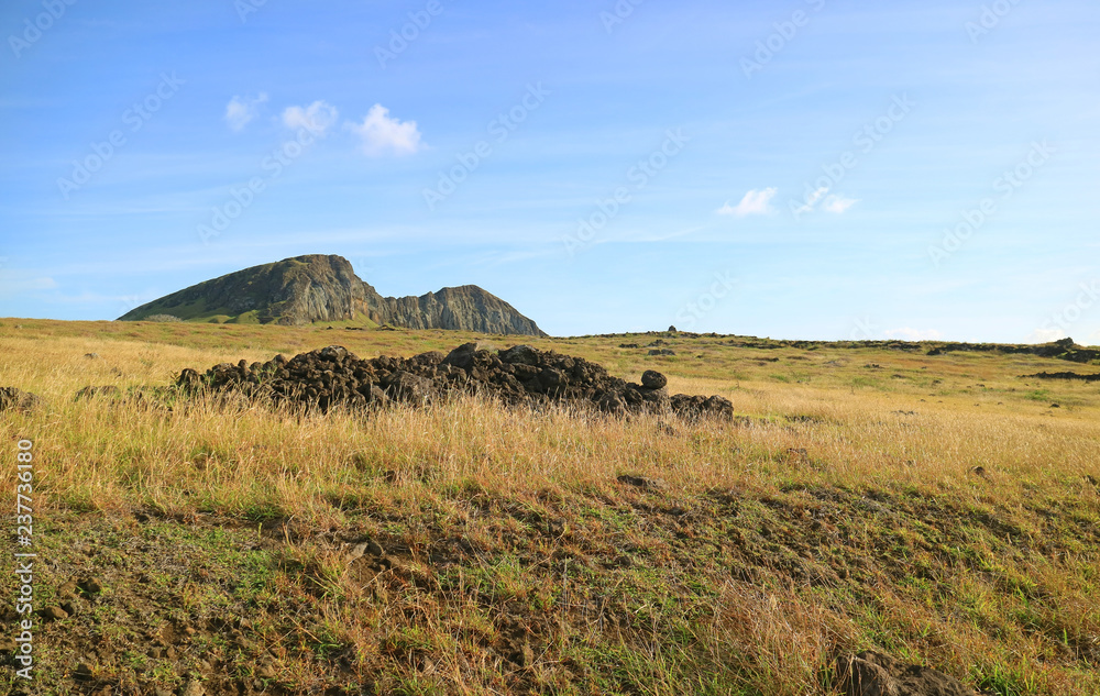 Rano Raraku Volcano, the Moai Quarry on Easter Island of Chile 