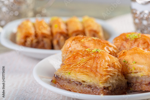 Handmade baklava, traditional turkish pastry close up