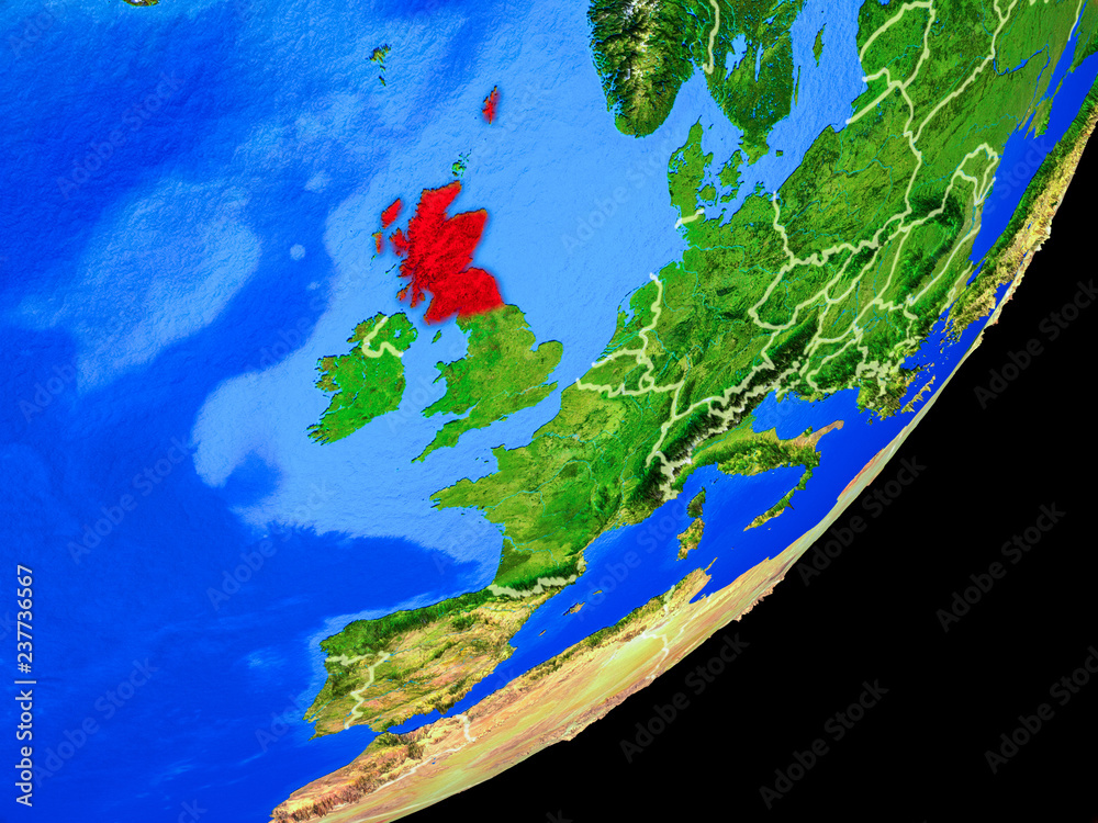 Scotland on planet Earth with country borders and highly detailed planet surface.
