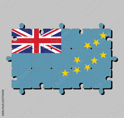 Jigsaw puzzle of Tuvalu flag in a Light Blue Ensign with the Map of the Island of nine yellow stars. Concept of Fulfillment or perfection.