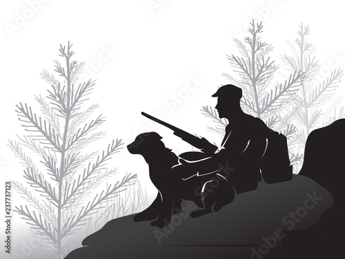 Hunter with a dog sitting on a large stone. The man holding the gun. Pine forest.  Hunting for grouse. Hunters open season.  Shot at the ducks. Tall grass. Wildlife. Black and white illustration. Vect