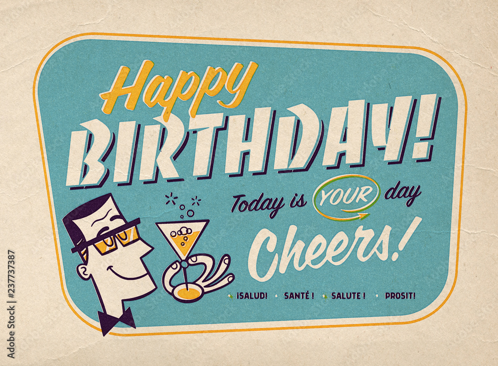 Vintage Style Happy Birthday Card Illustration with Retro Prepress