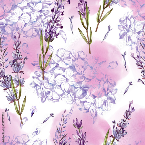 Beautiful watercolor pattern with rose, lavender, hudrangea flowers.