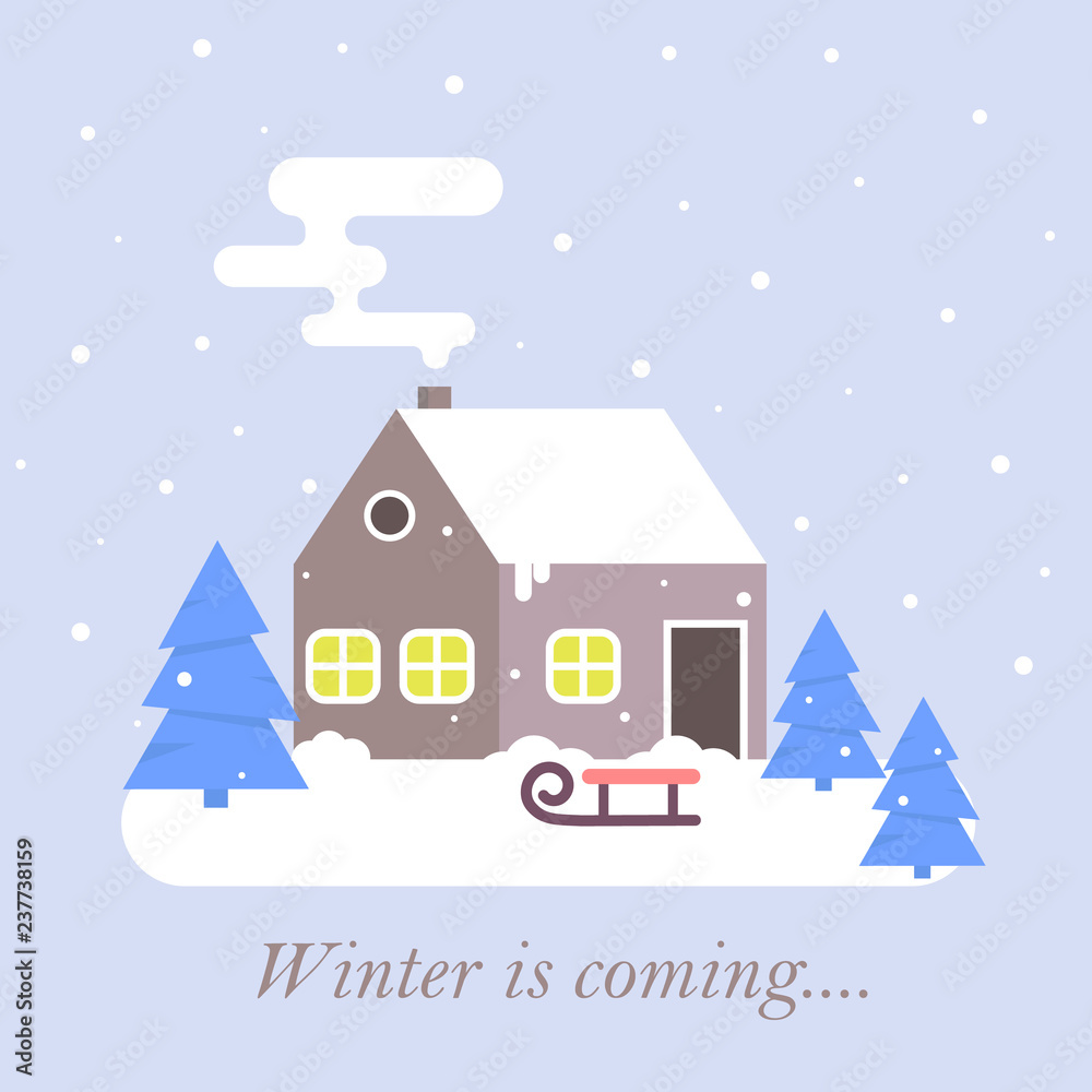 Snowy scene with farm winter home with smoking chimney on rural background. Cartoon snow capped house landscape banner.