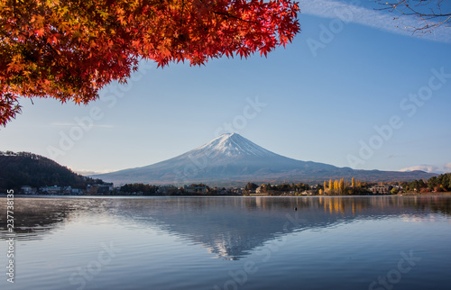 Mount Fuji  Autumn in Mt. Fuji  Japan - Lake Kawaguchiko   Colorful Autumn Season and Mountain Fuji with morning sunrise and red leaves at lake Kawaguchiko  Japan.