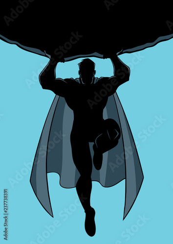 Front view full length illustration of powerful and brave superhero silhouette holding huge boulder above his head during dangerous mission.