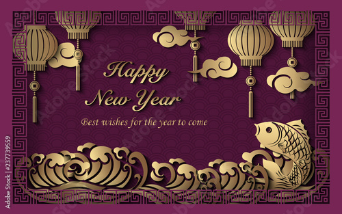 Happy Chinese new year retro golden purple relief flower lantern fish wave cloud and square lattice frame