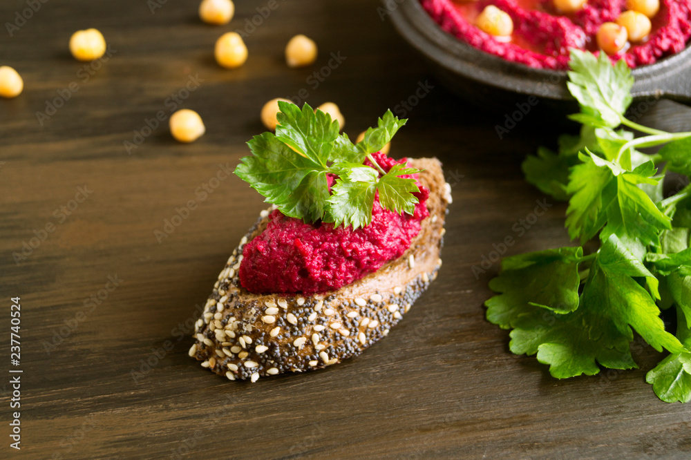 Proper diet. beetroot hummus with rye bread. Proper diet. beetroot hummus with rye bread.
