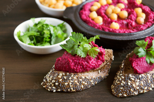 Proper diet. beetroot hummus with rye bread.