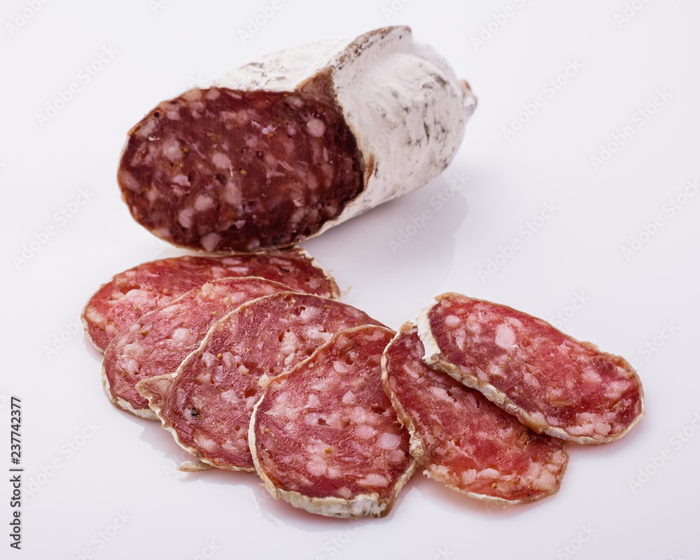 Saucisson sec delicious french salami on a white background