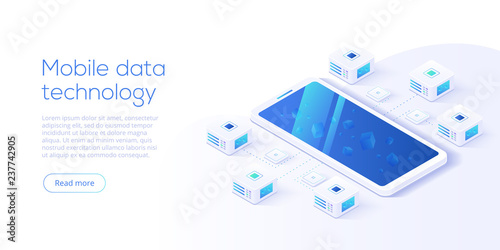 Mobile data processing technology in isometric vector illustration. Information storage and analysis system. Digital technology website landing page template.