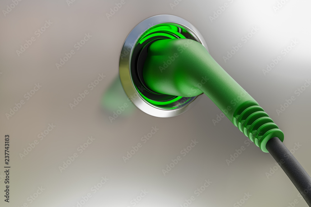 3d rendering of Charging modern electric car green handle power cable supply plugged in at the station. 3d rendering of Charging modern electric car green handle power cable supply plugged in at the station.