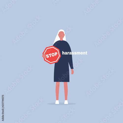 Stop harassment. Conceptual illustration. Young female character holding a Stop road sign. Flat editable vector cartoon, clip art