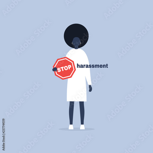 Stop harassment. Conceptual illustration. Young black female character holding a Stop road sign. Flat editable vector cartoon, clip art