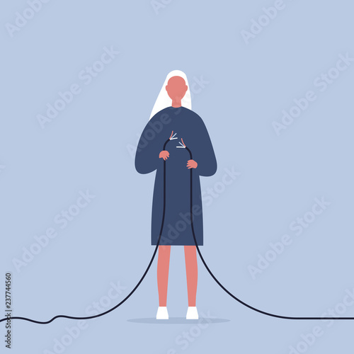 Problems in communication. Young female character trying to fix the torn wire / flat editable illustration, clip art