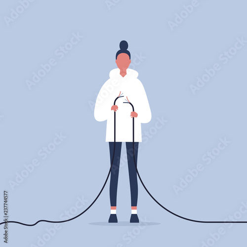 Problems in communication. Young female character trying to fix the torn wire / flat editable illustration, clip art