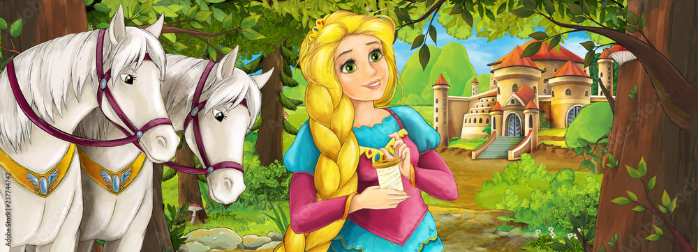 Cartoon nature scene with beautiful castle near the forest with beautiful young princess and horses - illustration for the children Cartoon nature scene with beautiful castle near the forest with beautiful young princess and horses - illustration for the children