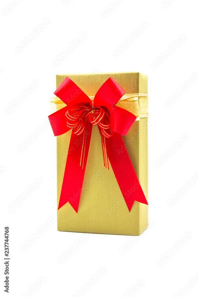 Gold gift box and ribbon red isolated on white background. Gold gift box and ribbon red isolated on white background.