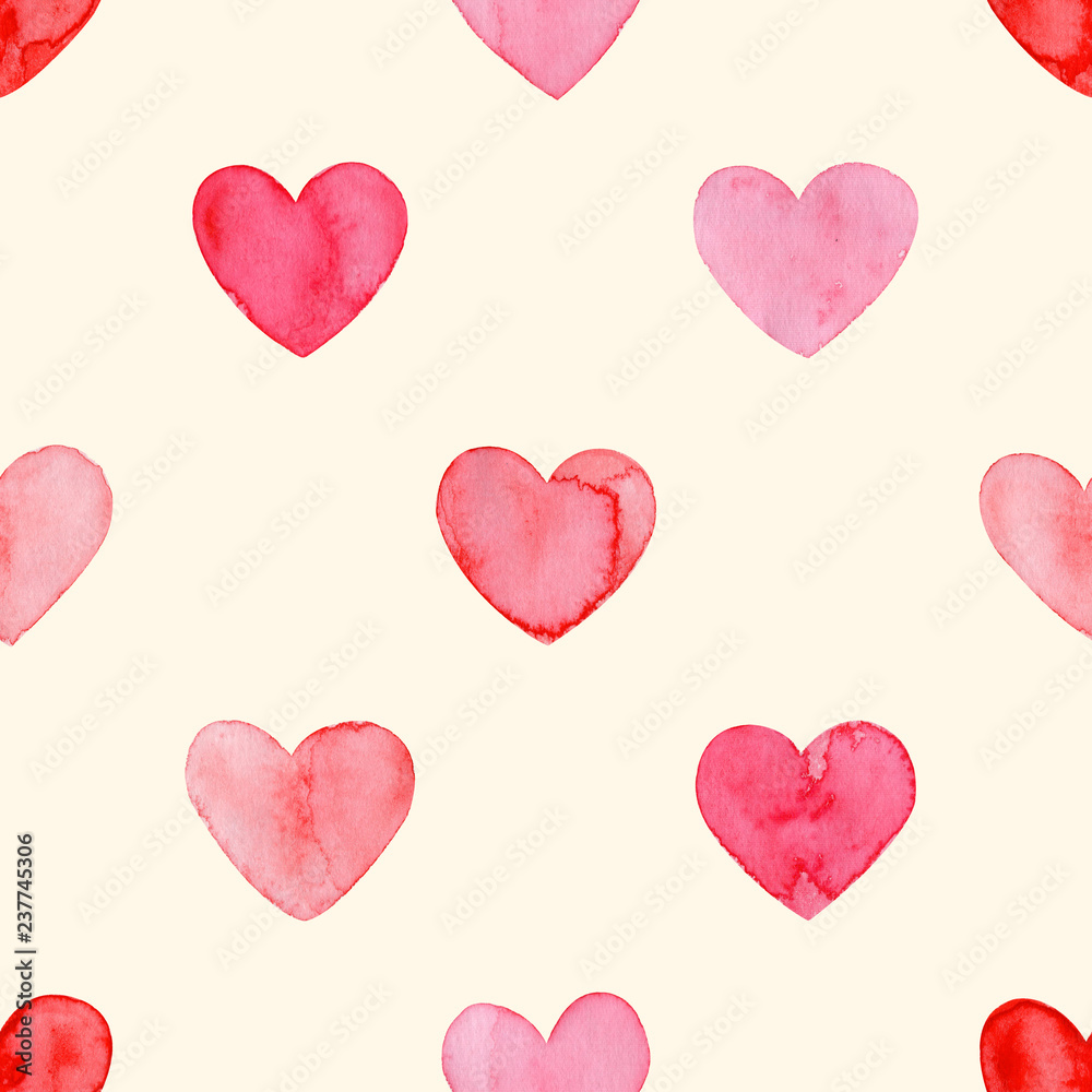 Valentines day, aquarelle illustration. Seamless pattern with bright hand painted watercolor hearts. Romantic decorative background for Valentine's day gift paper, wedding decor or fabric textile.