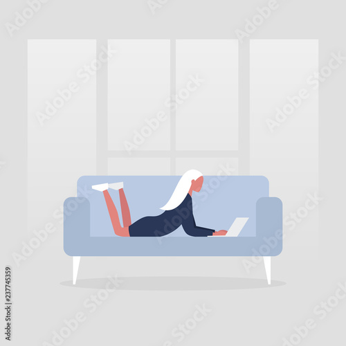 Young female manager lying on the sofa with the laptop. Modern office. Freelance. Daily routine. Millennial lifestyle. Flat editable vector illustration, clip art