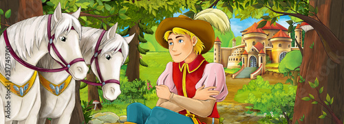 Cartoon nature scene with beautiful castle near the forest with beautiful young prince and horses - illustration for the children