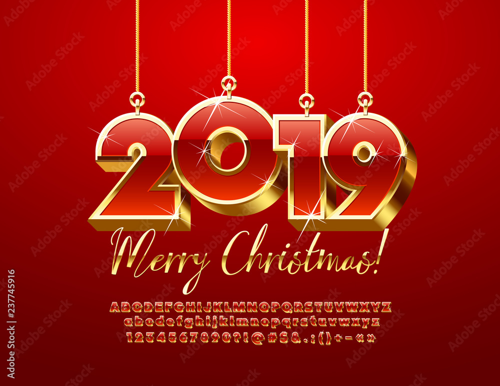 Vector sparkling greeting card Merry Christmas 2019. Chic Red and Golden Alphabet Letters, Numbers and Symbols. Stylish Font with Stars.