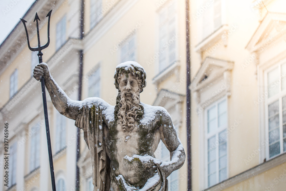 Neptun fountain in Lviv in winter Neptun fountain in Lviv in winter