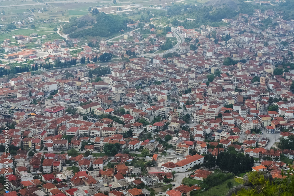 View of small city from top of mountains.