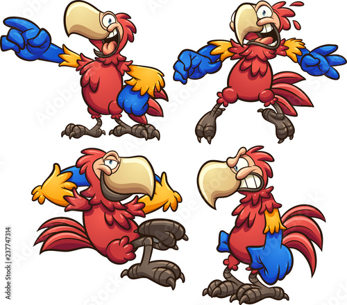 Cartoon red macaw in different poses. Vector clip art illustration with simple gradients. Each on a separate layer.