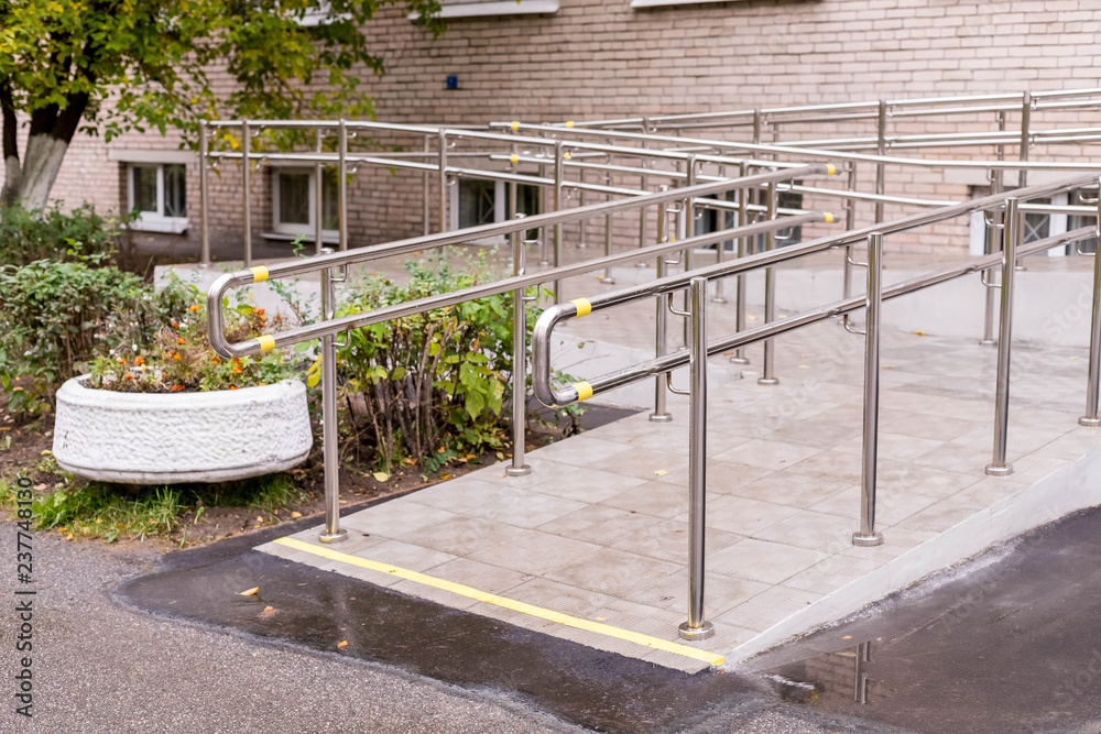 Handicaped Ramp Railing Ss Concret ramp way with stainless steel handrail with disabled sign for ...