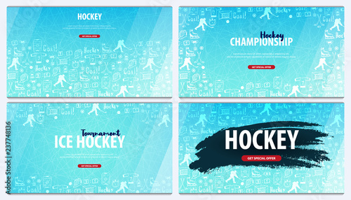 Set of Hockey backgrounds with doodle elements. Vector illustration.