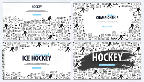 Set of Hockey backgrounds with doodle elements. Vector illustration.