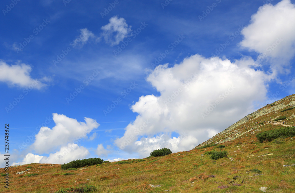 Clouds over meadow on mountain slope