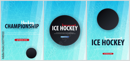 Set of Hockey backgrounds with puck and doodle elements. Vector illustration.