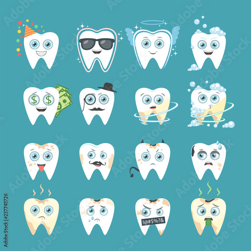 Set of teeth with different emotions. Icons collection of teeth emoji, faces with different expressions of emotions. Vector illustration. © diluck
