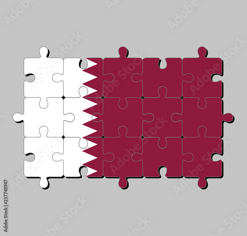 Jigsaw puzzle of Qatar flag in a white band on the hoist side, separated from a maroon area on the fly side by nine white triangles. Concept of Fulfillment or perfection.