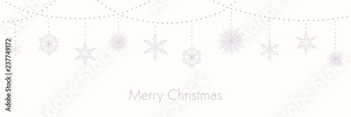 Christmas background with garlands and hanging snowflakes, typography, on white. Vector illustration. Flat style design. Concept for winter holiday banner, greeting card, decorative element.