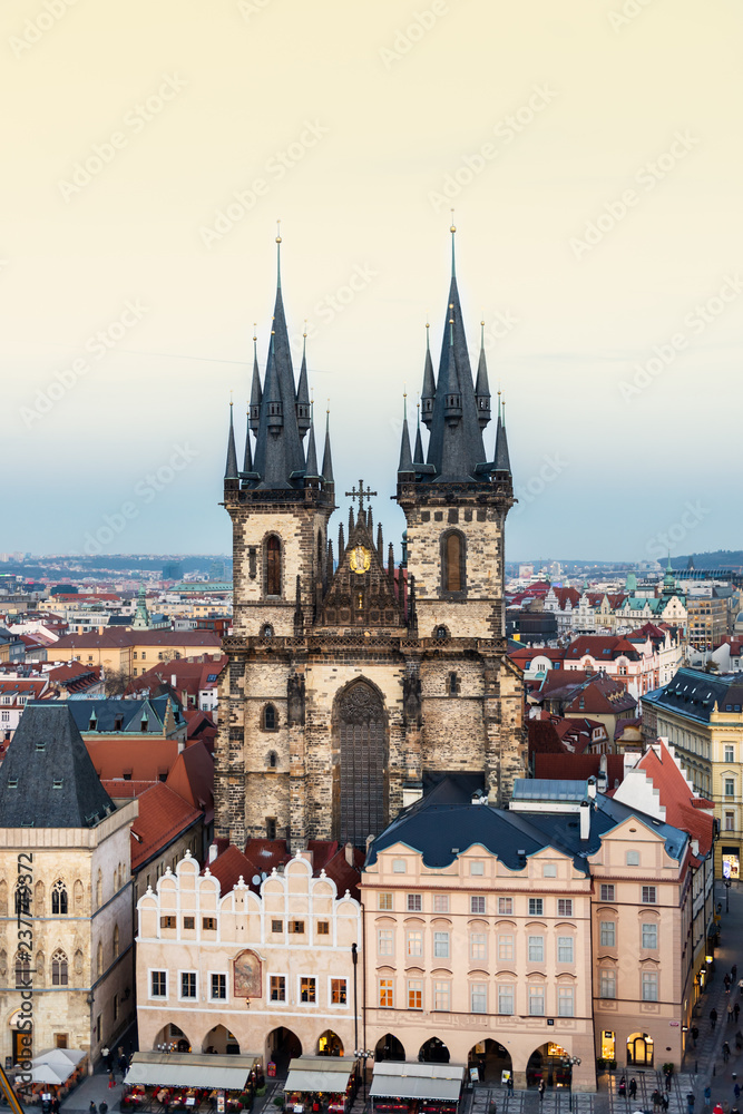 View on Prague panorama with red roofs and historic architecture from staromestska radnice, Old Town Hall, Czech Republic View on Prague panorama with red roofs and historic architecture from staromestska radnice, Old Town Hall, Czech Republic