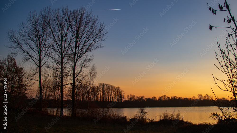 Beautiful sunset with reflections at Steinkirchen-Danube-Bavaria-Germany