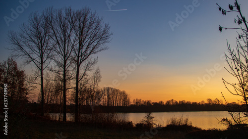 Beautiful sunset with reflections at Steinkirchen-Danube-Bavaria-Germany